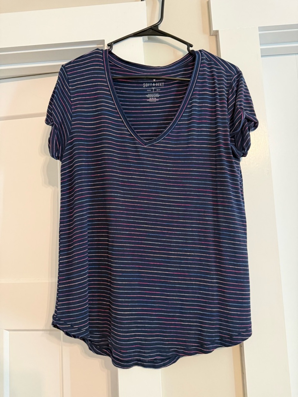American Eagle Outfitters Navy & Pink Striped V-Neck Tee